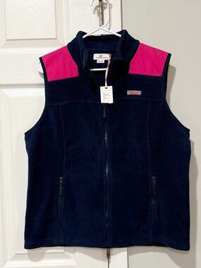 NWT Women's Vineyard Vines Fleece Shep Shirt Vest Navy Pink Size XL Blue Blazer